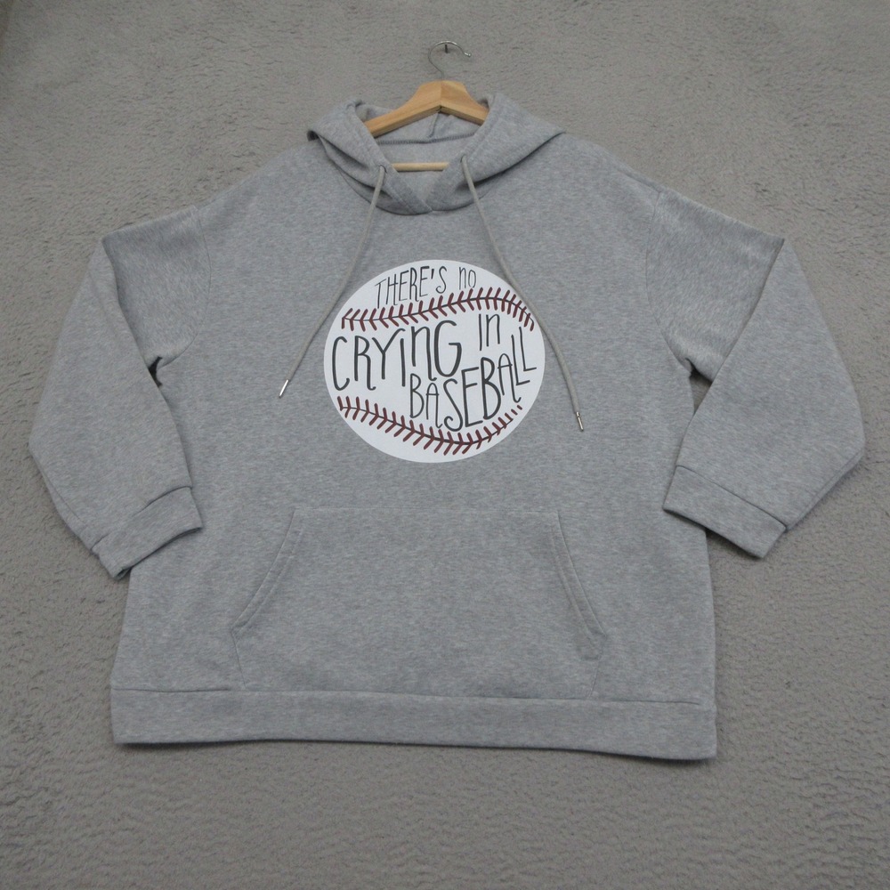 Baseball Graphic Hoodie Women 1XL Gray "Theres No Crying In Baseball" Quote